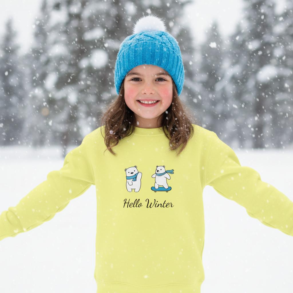 Hello Winter Sweatshirt gelb für Mädchen - nachhaltige Kindermode aus recyceltem Polyester