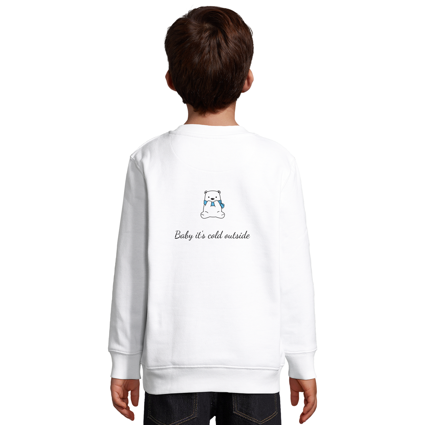 Hello Winter Sweatshirt weiß Rückseite - Kinder Pullover mit Rückendruck, fair produziert in der EU